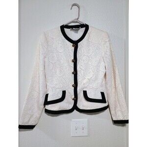 Carlisle 100% Silk Lace Blazer Ivory Black Trim Gold Buttons Women’s Sz 8